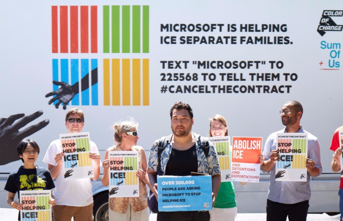 Workers and activists turned out at Microsoft offices around the country yesterday Workers and activists turned out at Microsoft offices around the country yesterday