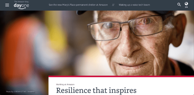 Screenshot of a blog post at aboutamazon.com with the title, 'Resilience that inspires' Screenshot of a blog post at aboutamazon.com with the title, 'Resilience that inspires'