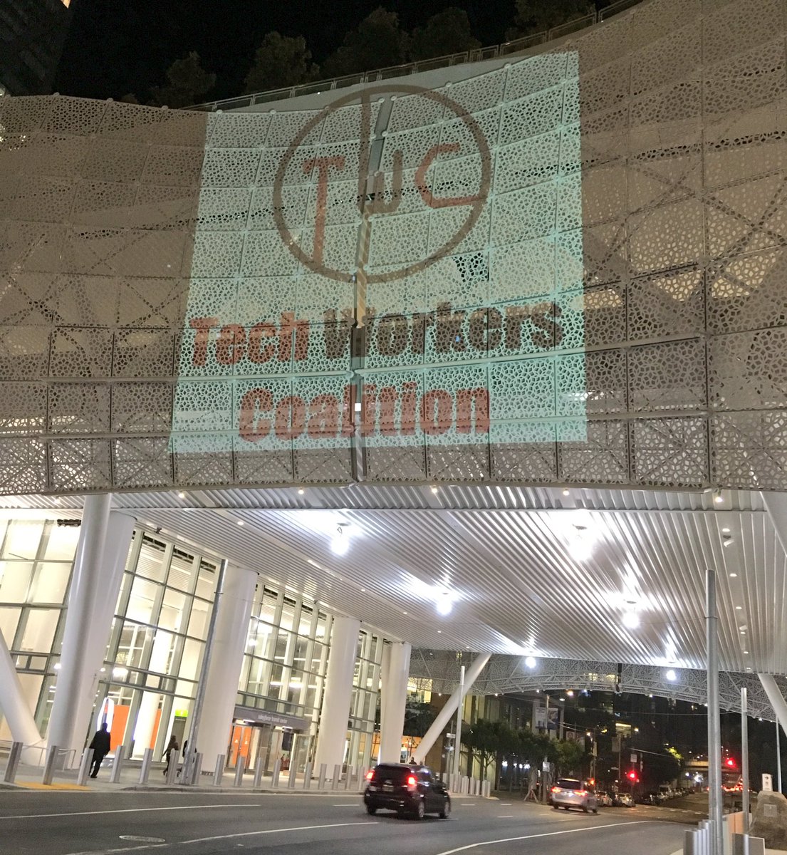 Photo of the Salesforce Transit Center in San Francisco with the TWC logo projected onto it Photo of the Salesforce Transit Center in San Francisco with the TWC logo projected onto it
