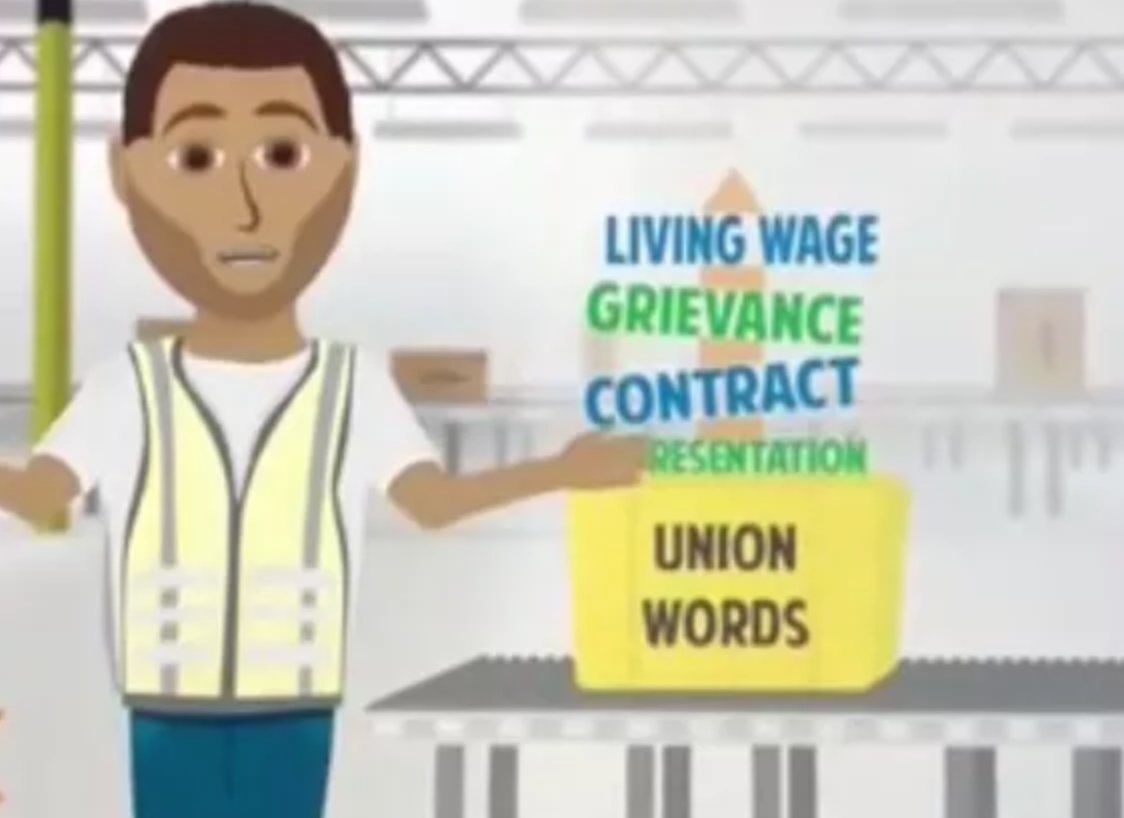 Still from an Amazon anti-union training video showing a list of 'union words' Still from an Amazon anti-union training video showing a list of 'union words'