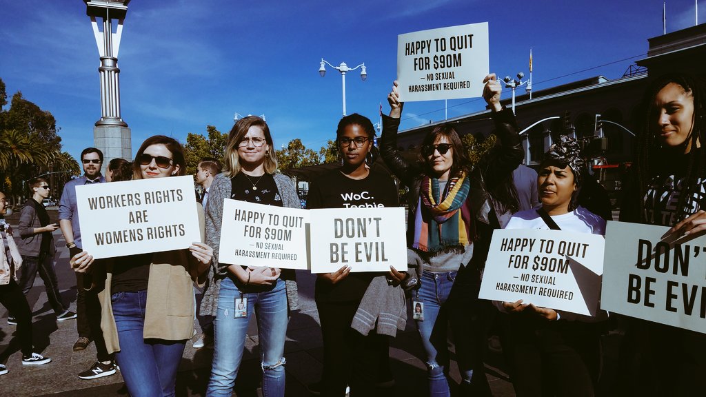 A photo of attendees at the Google walkout, carrying signs like 'Don't Be Evil' A photo of attendees at the Google walkout, carrying signs like 'Don't Be Evil'
