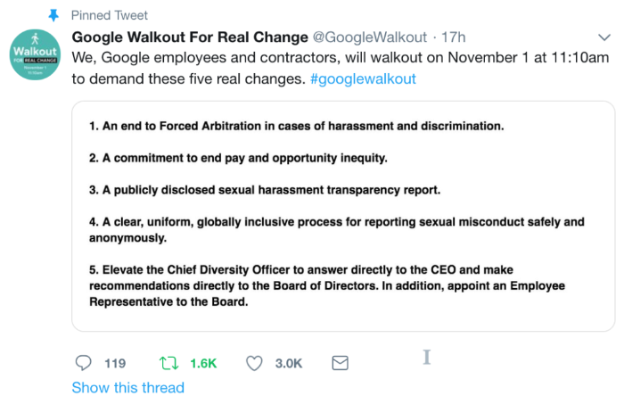 Screenshot of a tweet from the @GoogleWalkout Twitter account Screenshot of a tweet from the @GoogleWalkout Twitter account