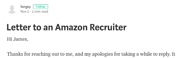Screenshot of a Medium post titled 'Letter to an Amazon Recruiter' Screenshot of a Medium post titled 'Letter to an Amazon Recruiter'