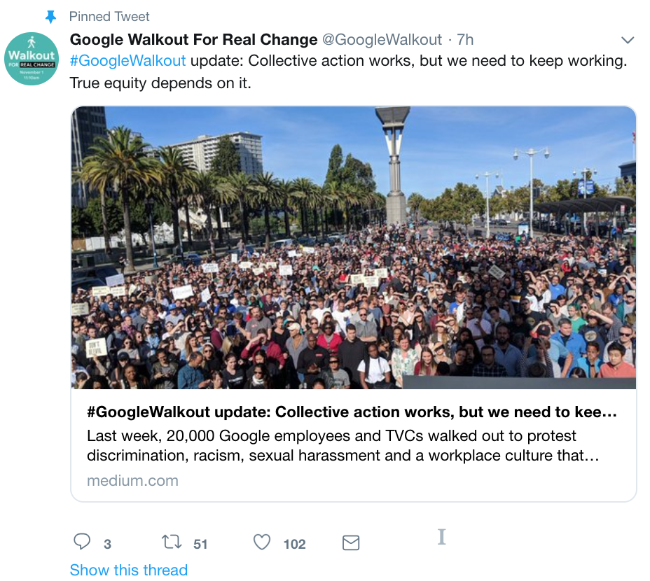 Screenshot of a tweet from the @GoogleWalkout Twitter account Screenshot of a tweet from the @GoogleWalkout Twitter account