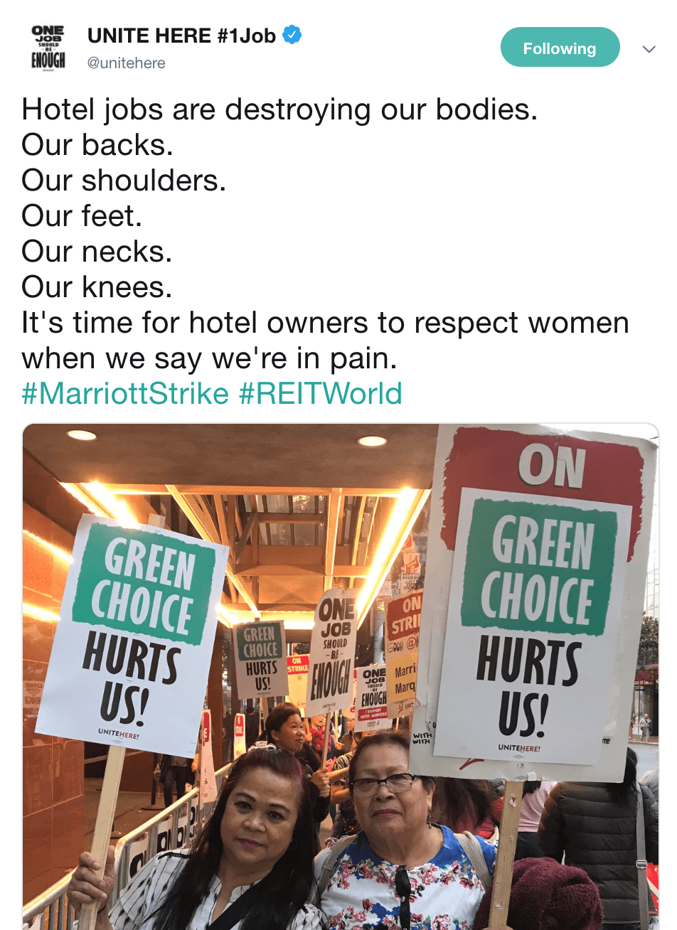 Screenshot of a tweet from the @unitehere Twitter account Screenshot of a tweet from the @unitehere Twitter account