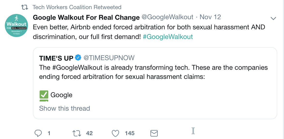 Screenshot of a tweet from the @GoogleWalkout Twitter account Screenshot of a tweet from the @GoogleWalkout Twitter account