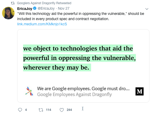 Screenshot of a tweet from Erica Joy Baker, linking to a Medium post by Google employees protesting Dragonfly Screenshot of a tweet from Erica Joy Baker, linking to a Medium post by Google employees protesting Dragonfly