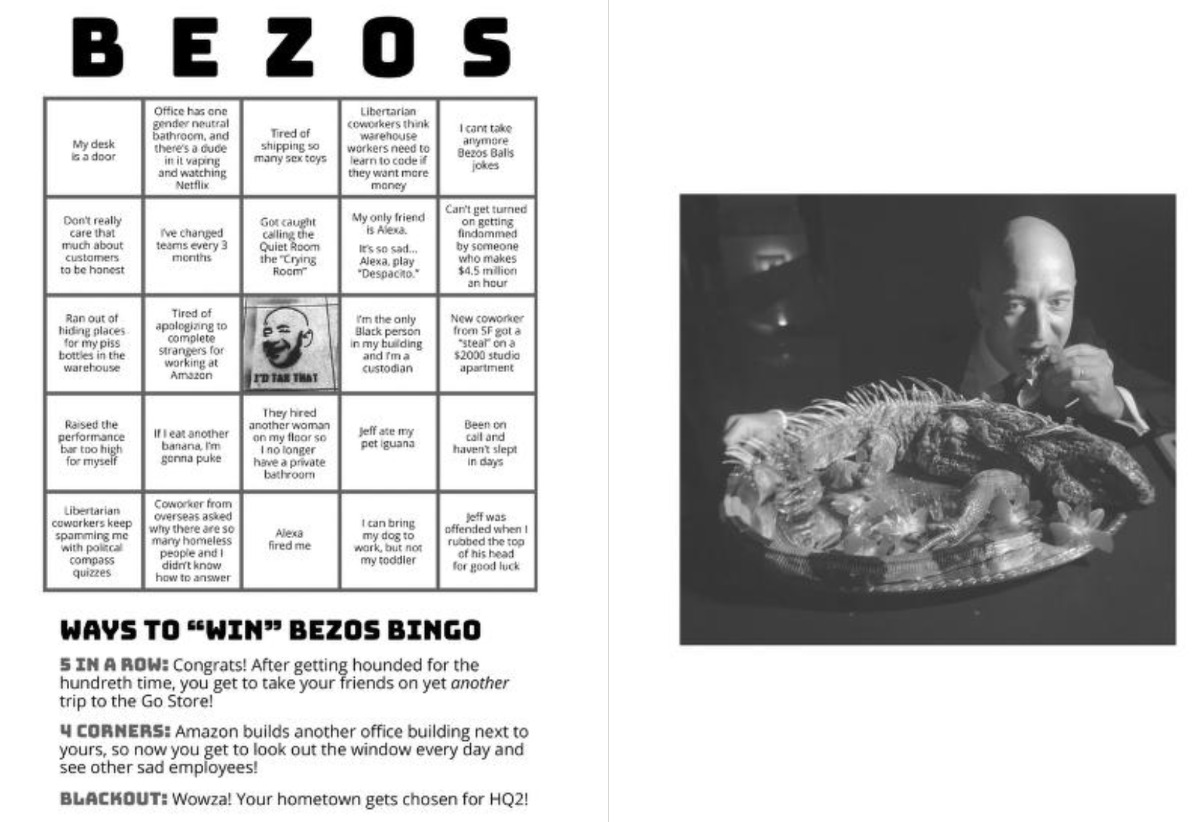 A page from the first issue of Bug Report, featuring 'Bezos Bingo' A page from the first issue of Bug Report, featuring 'Bezos Bingo'