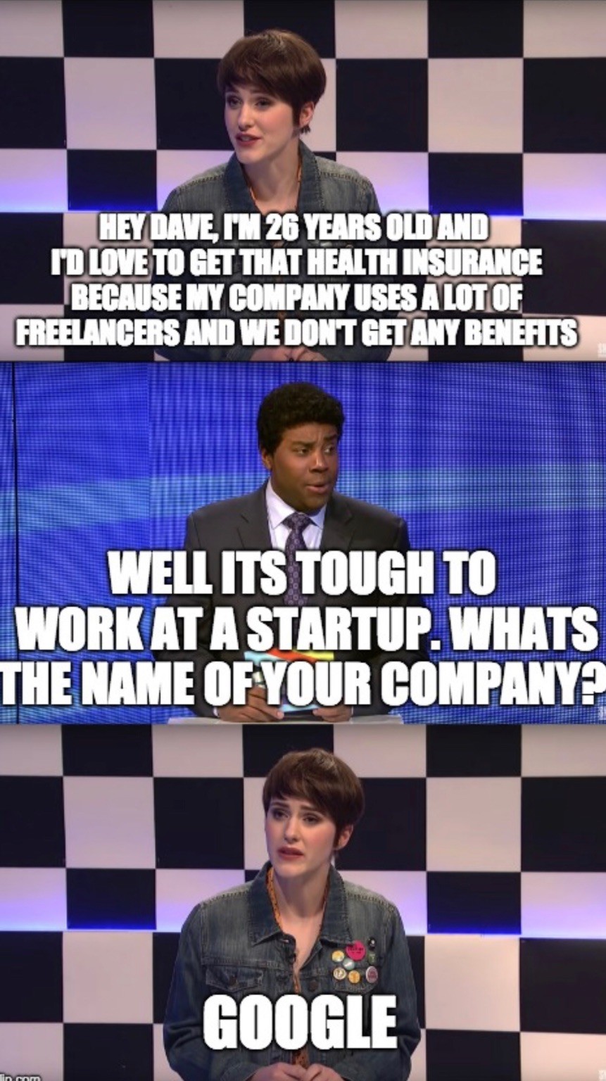 Stills from a recent Saturday Night Live skit about contractors at Google Stills from a recent Saturday Night Live skit about contractors at Google