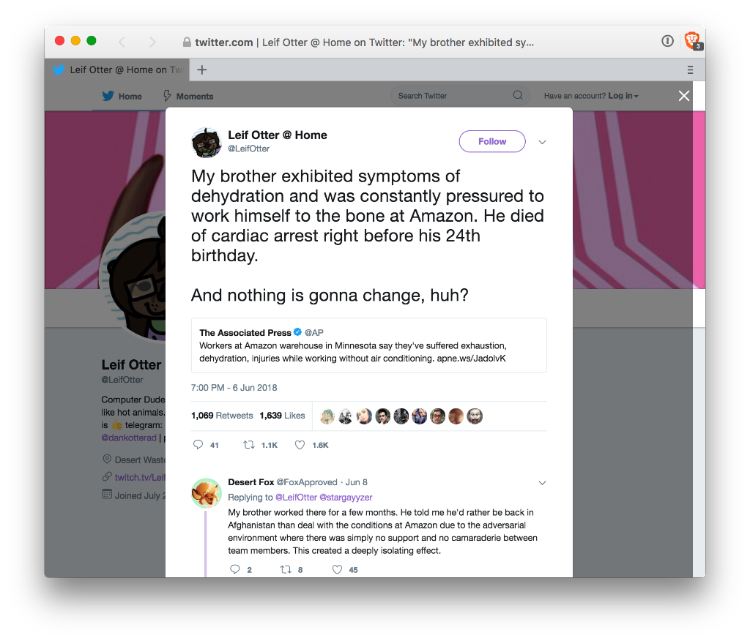 Screenshot of a tweet from @LeifOtter about Amazon workers being pressured to work themselves to the bone Screenshot of a tweet from @LeifOtter about Amazon workers being pressured to work themselves to the bone