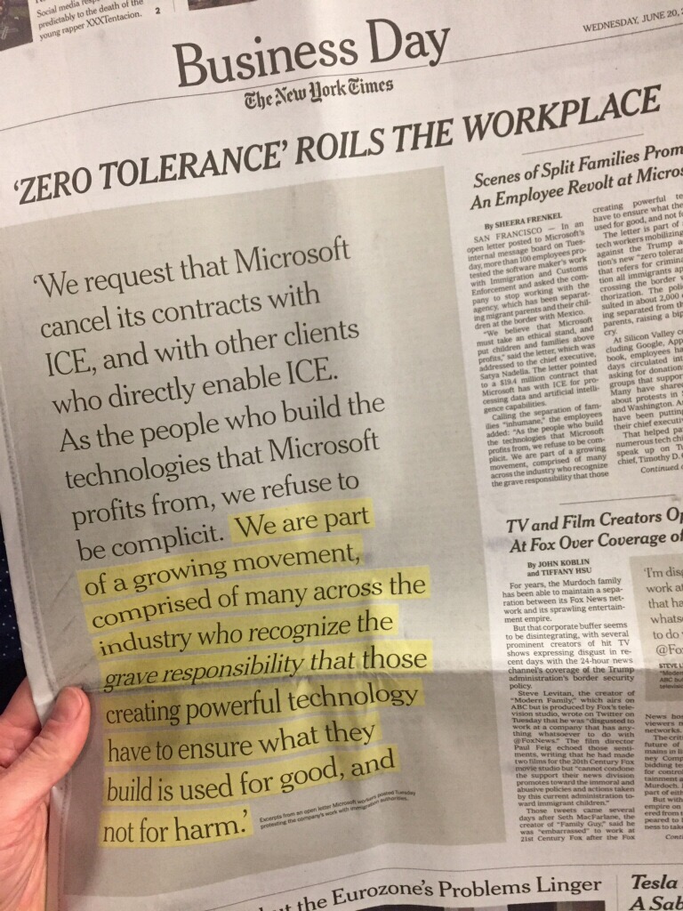 New York Times article about Microsoft employees demanding no collaboration with ICE. New York Times article about Microsoft employees demanding no collaboration with ICE.