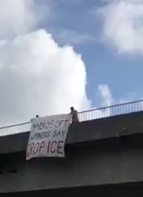 MICROSOFT WORKERS SAY DROP ICE banners yesterday at every exit for Microsoft in Seattle (Image from @SeattleDSA) MICROSOFT WORKERS SAY DROP ICE banners yesterday at every exit for Microsoft in Seattle (Image from @SeattleDSA)