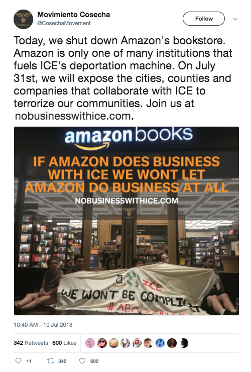 Screenshot of a tweet from @CosechaMovement about nobusinesswithice.com