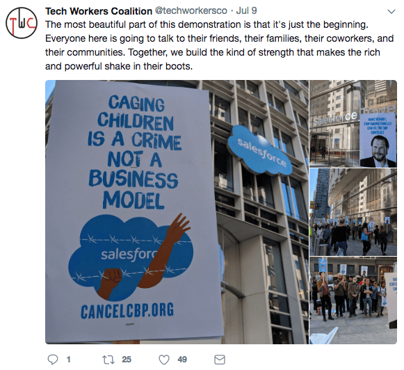Screenshot of a tweet from @techworkersco about cancelcbp.org