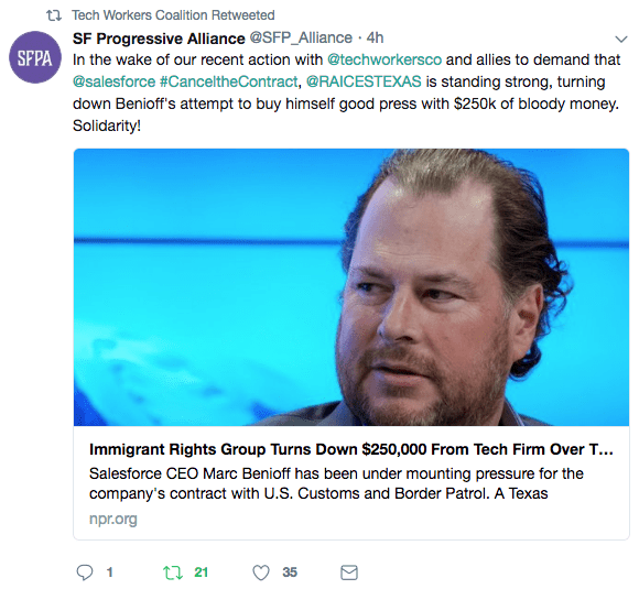 Screenshot of a tweet from the SF Progressive Alliance about RAICES turning down money from Salesforce Screenshot of a tweet from the SF Progressive Alliance about RAICES turning down money from Salesforce