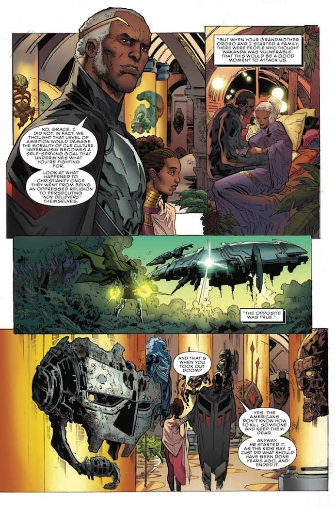 A page from Reggie Hudlin's Black Panther, where T'Challa talks with his granddaughter A page from Reggie Hudlin's Black Panther, where T'Challa talks with his granddaughter