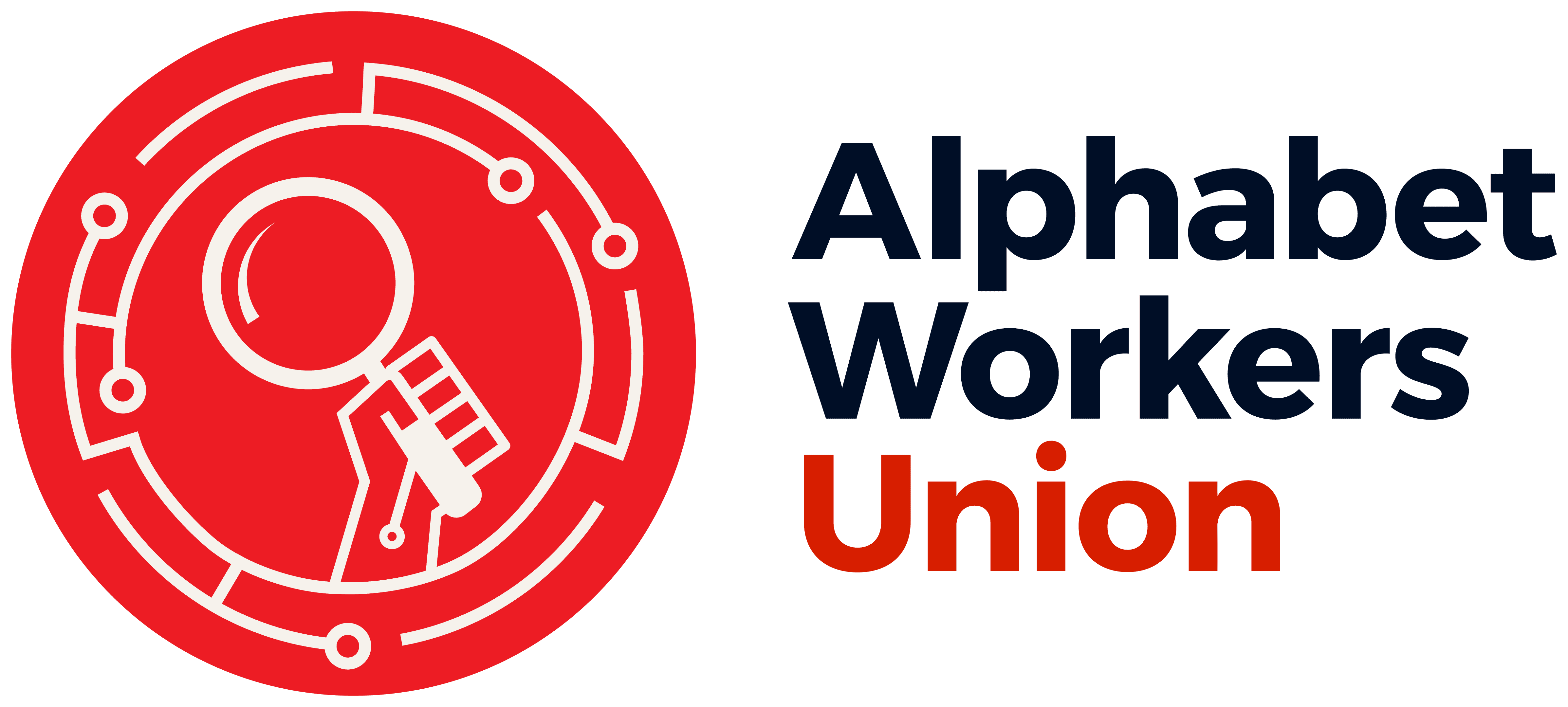 A logo for the Alphabet Workers Union logo with a hand holding a magnifying glass in red, black, and white A logo for the Alphabet Workers Union logo with a hand holding a magnifying glass in red, black, and white