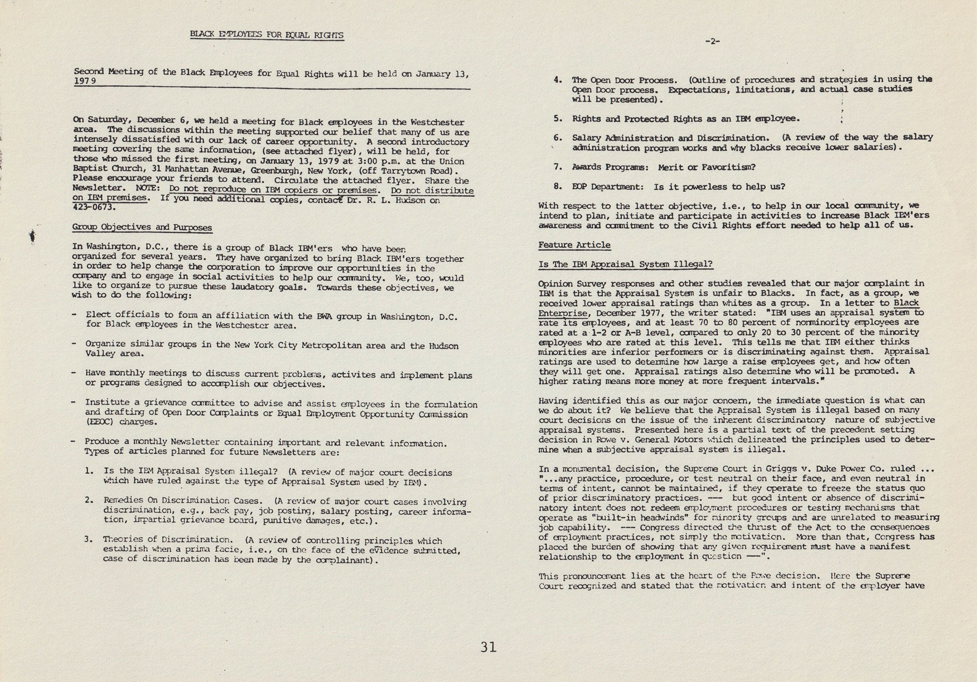A page from the IBM Black Workers Alliance–New York newsletter from Dec 1978. The title says BLACK EMPLOYEES FOR EQUAL RIGHTS A page from the IBM Black Workers Alliance–New York newsletter from Dec 1978. The title says BLACK EMPLOYEES FOR EQUAL RIGHTS