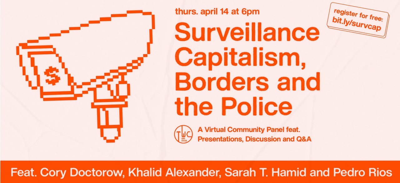 An event banner with a surveillance camera, the names of panelists, and details An event banner with a surveillance camera, the names of panelists, and details